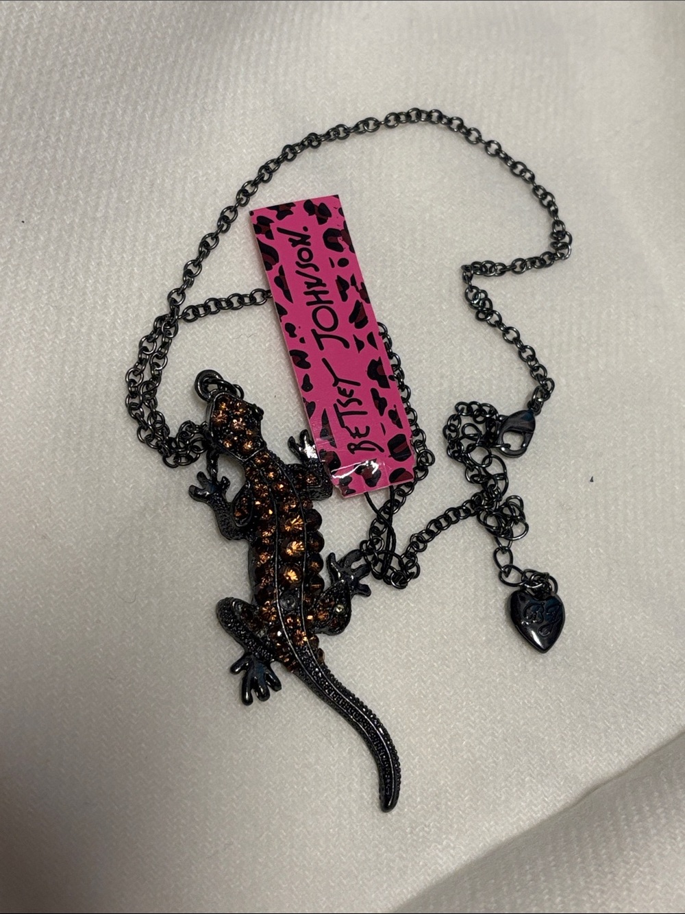 Betsey Johnson Black Necklace with Amber Crystal Lizard Pendant